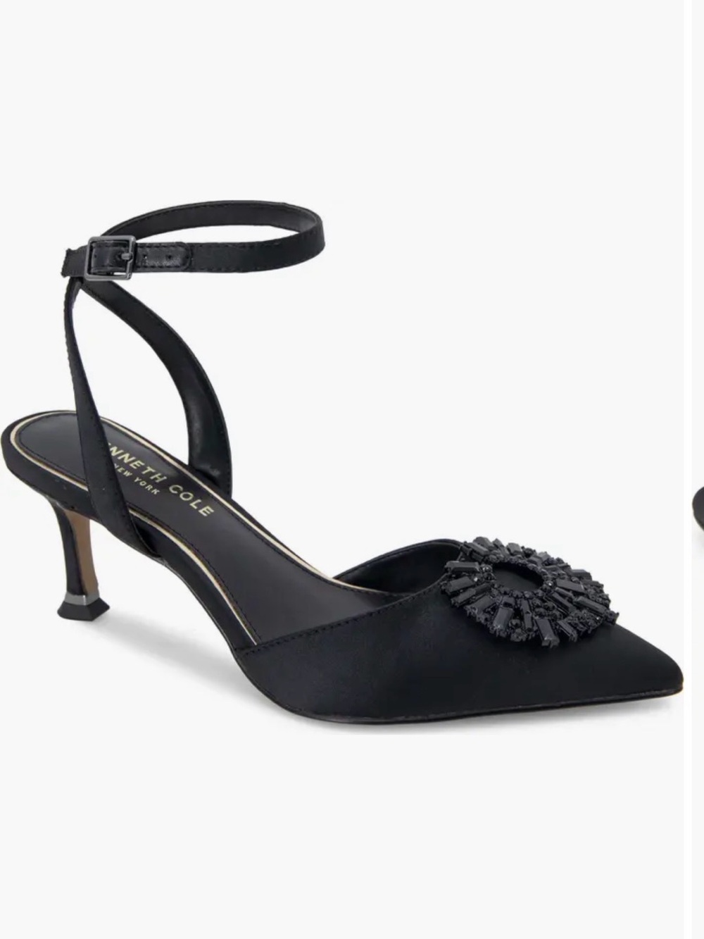 Kenneth Cole Black Satin Pointed-Toe Ankle-Strap Pump with Beaded Rosette